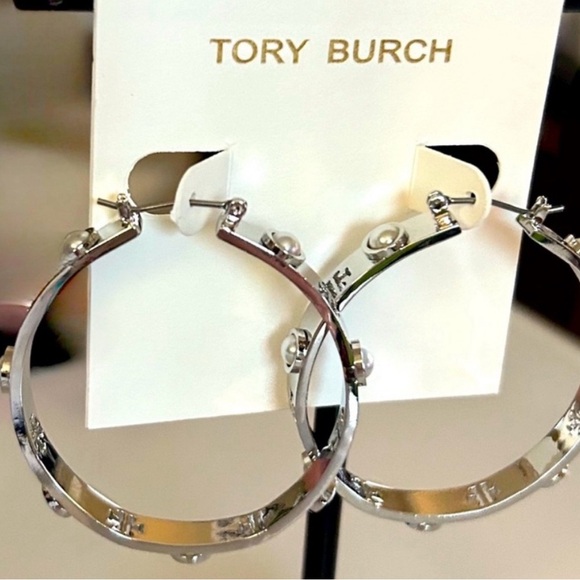Tory Burch Jewelry - 🔥🔥 New Tory Burch Silver logo Pearl Hoop Earrings